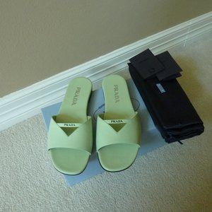 Prada | Shoes | Prada Leather Logo Strap Slide Sandals 65 Green | Poshmark